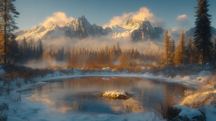 Fototapeta premium Serene winter sunrise over a snow-covered mountain range reflected in a calm, circular pond.