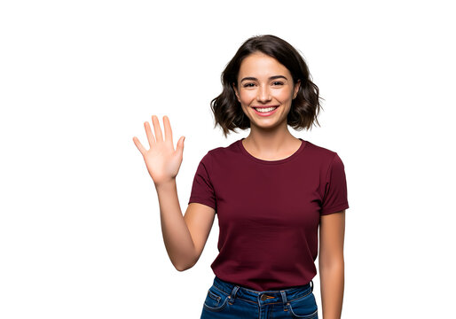 A woman waving goodbye with a bright, isolated
