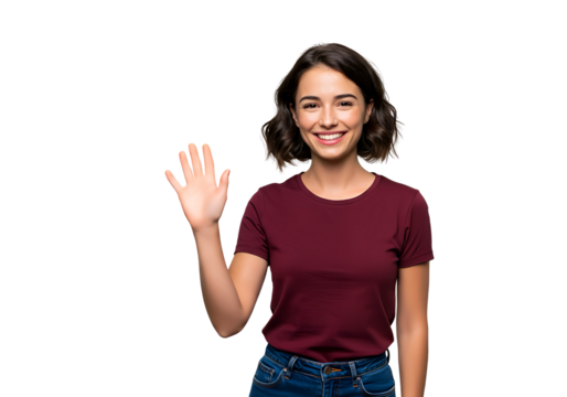 A woman waving goodbye with a bright, isolated