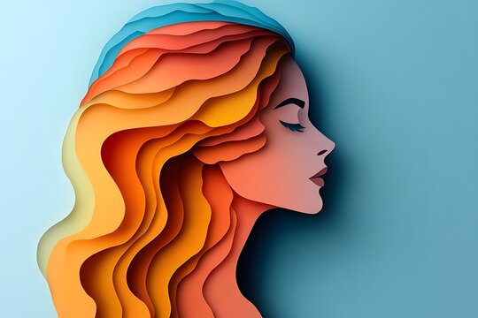 Colorful layered paper art portrait of a woman in profile, abstract feminine design