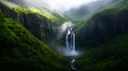 A beautiful mountain waterfall flowing down from high cliffs, surrounded by alpine vegetation and bathed in warm summer light.