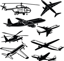 A collection of black and white silhouettes of various airplanes and helicopters on white
