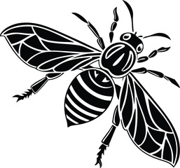 Illustration of a black and white wasp with detailed wings and striped abdomen design