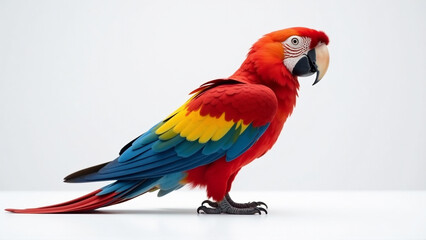 Fototapeta premium Colorful Scarlet Macaw Parrot Standing Alert on Both Feet, Profile View, Isolated White
