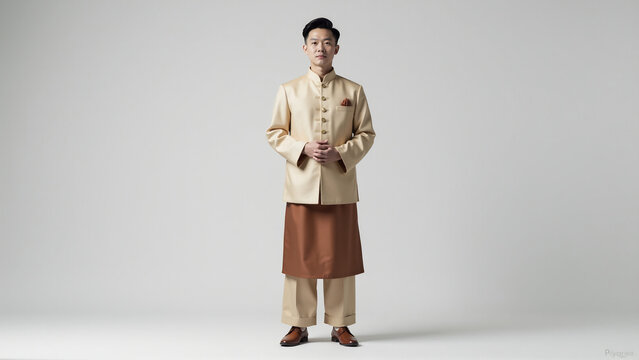 Young Man in Elegant Traditional Thai Outfit (Chut Thai Phra Ratcha Niyom), Standing Formally, Isolated White