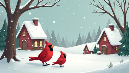 Naklejka premium Winter Cardinal Clipart: Cardinal Family in a Cozy Winter Village