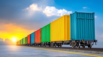 Obraz premium Colorful freight train carrying cargo containers at sunset