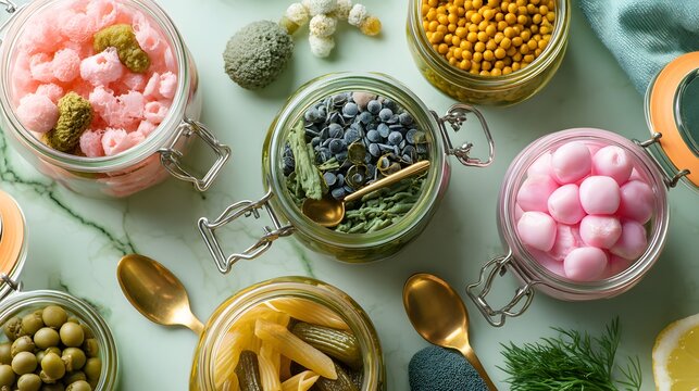 Five probiotic-rich foods in a circle, promoting gut health with vibrant colors