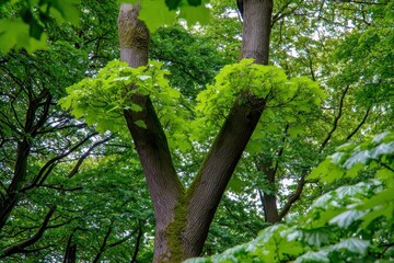 Obraz premium Lush green canopy viewed from below, featuring uniquely shaped tree crowns and textured bark. A vibrant forest scene