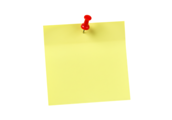 Yellow sticky note pinned with red pushpin for reminders and organization tool