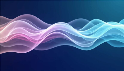 A serene dance of pastel waves gliding across a deep blue canvas, blending soft pinks and blues into a mesmerizing flow of light and motion.