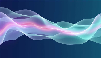 A serene dance of pastel waves gliding across a deep blue canvas, blending soft pinks and blues into a mesmerizing flow of light and motion.