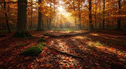Dappled sun on an autumn forest floor