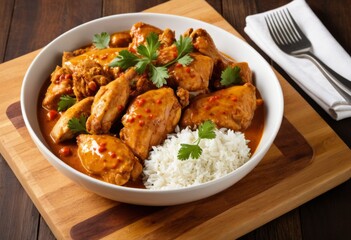 There is a bowl of chicken and rice on the cutting board