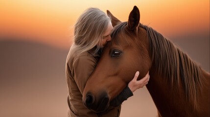 Obraz premium A woman with long blonde hair gently embraces a chestnut brown horse at sunset creating a heartwarming and serene scene of connection and love between human and animal.