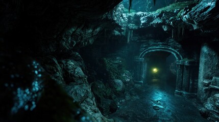 Naklejka premium Dark cave tunnel archway, light at the end, mystical