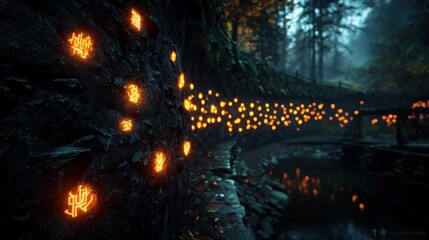 Illuminated Symbols on Stone Wall, Arrows Flying, Forest Path, Foggy Creek