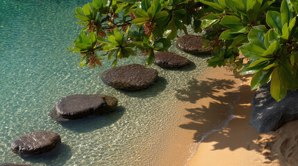 Stepping stones in clear water near sandy beach, shaded by tropical foliage, creating a tranquil and serene scene, suggestive of peace, relaxation, and escape