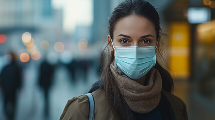Businesswoman working remotely during the coronavirus outbreak, wearing a protective mask and sanitizing her hands regularly