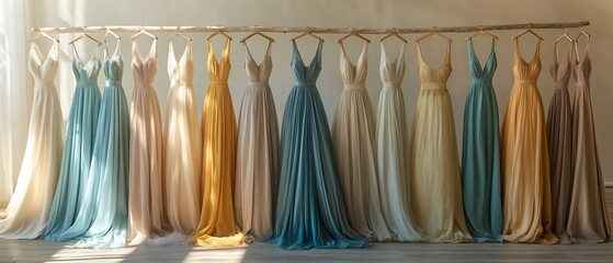 Collection of long chiffon dresses on wooden hangers, various colors in natural light