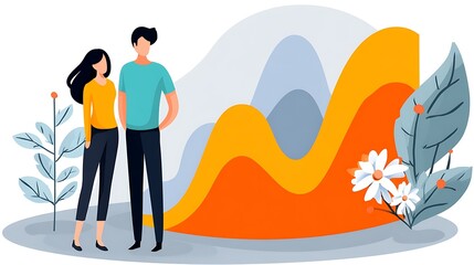 Obraz premium Couple standing near upward trending graph, surrounded by nature