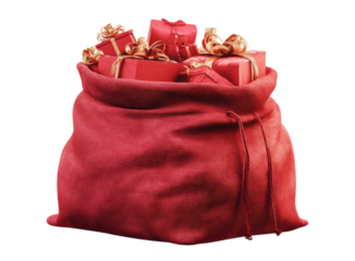 A festive red sack filled with gifts.