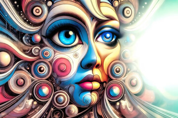 A surreal, colorful face composed of swirling abstract patterns, bold blue eyes, vivid highlights, and intricate details merging fantasy, emotion, and dynamic artistic expression.