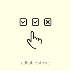 Questionnaire Line Icon. Finger Choice Check List Linear Pictogram. Hand Tick Checkmark Outline Icon. Editable Stroke.