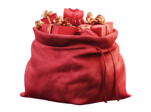 A festive red sack filled with gifts.