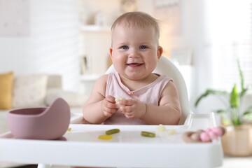 Cute little baby eating on feeding chair at home