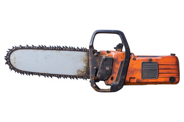 Majestic Chainsaw Resting on Rustic Wood Surface Under Bright Afternoon Sunlight in Serene Forest Environment on Transparent PNG Background.