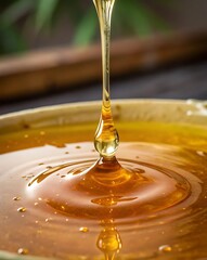 A close-up shot of honey being poured into a bowl, capturing the glistening, golden liquid