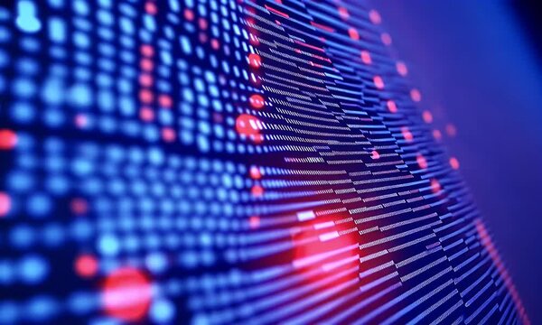 Red and blue abstract background with a blurred digital matrix pattern, close-up view of red fabric with bokeh lights, digital technology concept