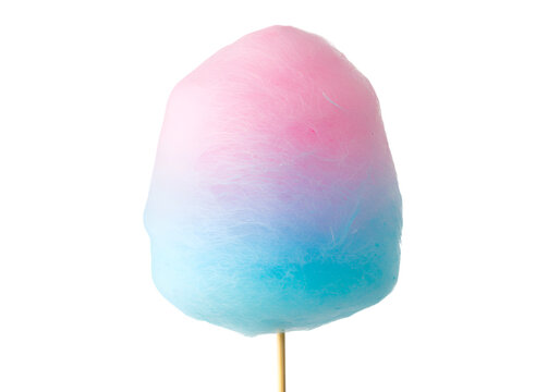 Cotton candy with pink and blue gradient on a stick, isolated treat confection