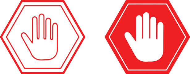 Stop sign, hand symbol, red and white, hexagonal shape, warning sign, traffic sign, minimalist design, graphic illustration, simple icon, safety symbol, flat design,