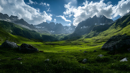 Fototapeta premium A breathtaking alpine sunset with snow-covered peaks reflecting the soft golden hues of the sun as it dips below the horizon, illuminating a quiet valley.