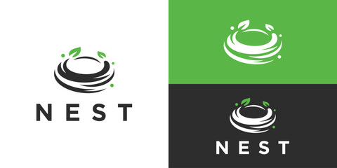 Creative nest logo template. Nest with leaf logo design vector illustration.
