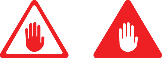 Red warning signs, triangular and circular shapes, white hand symbols, stop gestures, traffic signage, minimalist design, bold graphic elements, safety icons