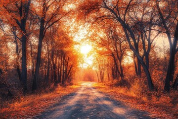 Fototapeta premium Autumn forest. Forest with country road at sunset stock photo