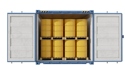 Blue shipping container filled yellow oil barrels. Concept of petroleum transport. Isolated on a transparent background. 3D illustration.