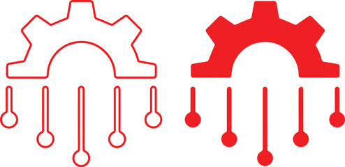 Minimalist gear icon, red and white design, circuit board connections, symmetrical layout, technical illustration, flat vector graphic, industrial symbol, technology concept,