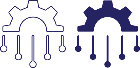 Gear icon, digital circuits, technology symbol, blue and white, minimalist design, technical illustration, electronic connectivity, mechanical meets digital,