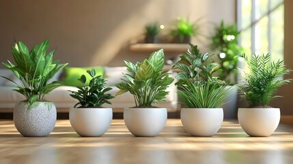 Fototapeta premium Five diverse potted plants sit gracefully on a wooden floor, bright and sunny.