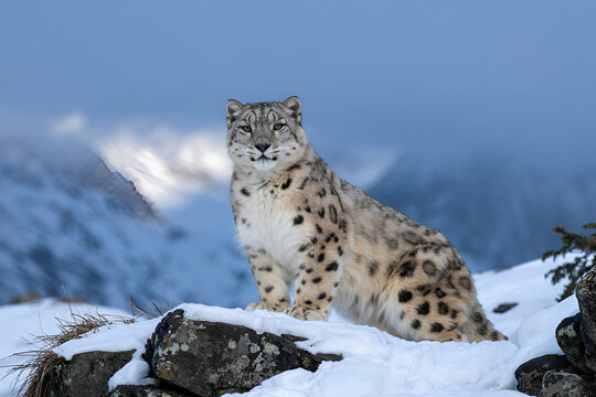 Majestic Snow Leopard in Pristine Winter Mountain Landscape