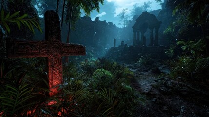 Ancient cross in overgrown jungle ruins at twilight