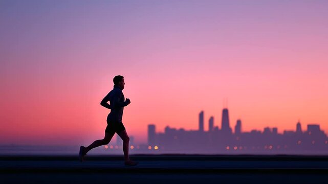 A solitary runner navigates the urban skyline as the sun rises, painting the city in golden hues.