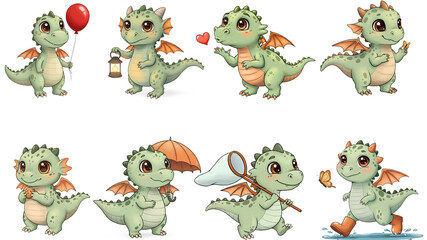 Obraz premium Adorable cartoon dragons engaged in playful activities and holding objects