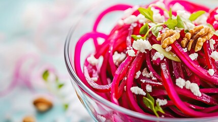 Healthy Beet and Apple Salad with Walnuts and Feta in Vibrant Colors, Fresh Vegetarian Food
