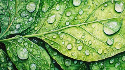 Fototapeta premium Intimate macro of a leaf with reflected water droplets