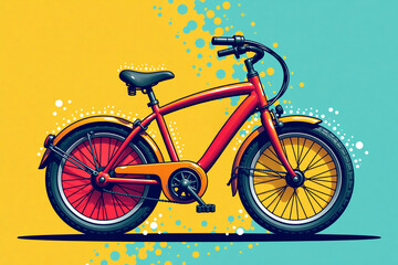 Fototapeta premium Pop art retro bicycle illustration in red, yellow, and teal representing transport and leisure